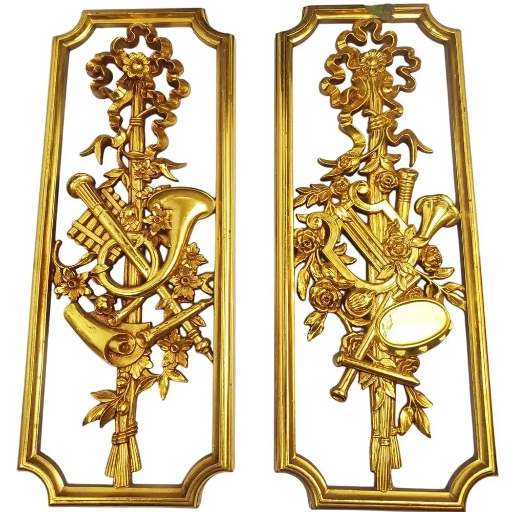 2 Syroco Homco Set Gold Musical Instrument Wall Plaques 1964 Vintage MCM Regency